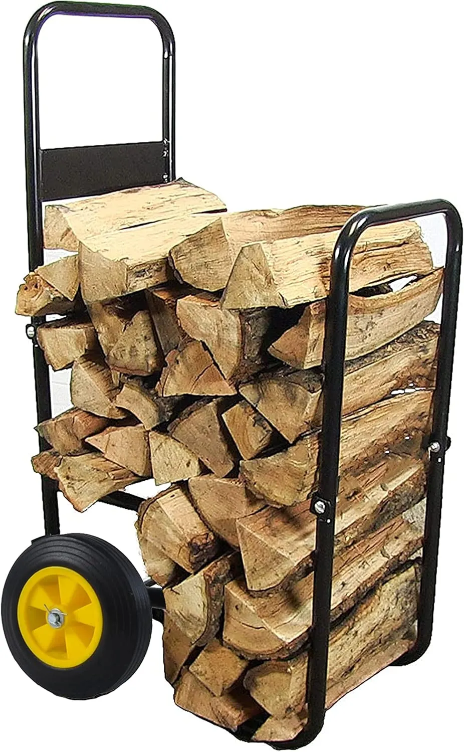Firewood Log Cart Carrier - Outdoor or Indoor Black Steel Wood Rack Storage Mover - Rolling Wheeled Metal Dolly Hauler - Wood Moving Equipment