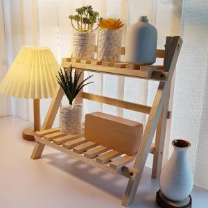 Firlar Foldable Wooden Double Layer Shelf, 2-Tier Ladder Shelves Desk Storage Organizer with Removable Shelf, Shelf Flower Pot Seasoning Storage Racks, Sundries Storage Shelf for Home