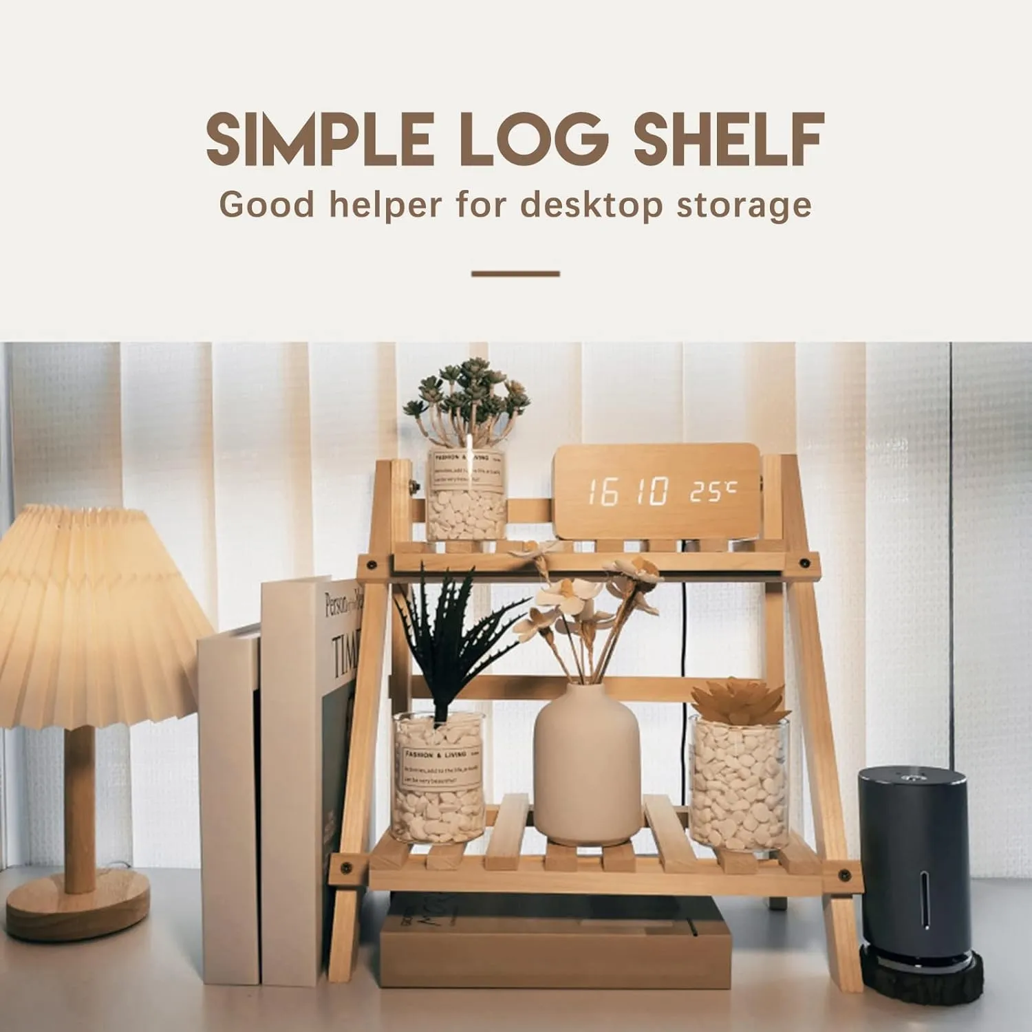 Firlar Foldable Wooden Double Layer Shelf, 2-Tier Ladder Shelves Desk Storage Organizer with Removable Shelf, Shelf Flower Pot Seasoning Storage Racks, Sundries Storage Shelf for Home