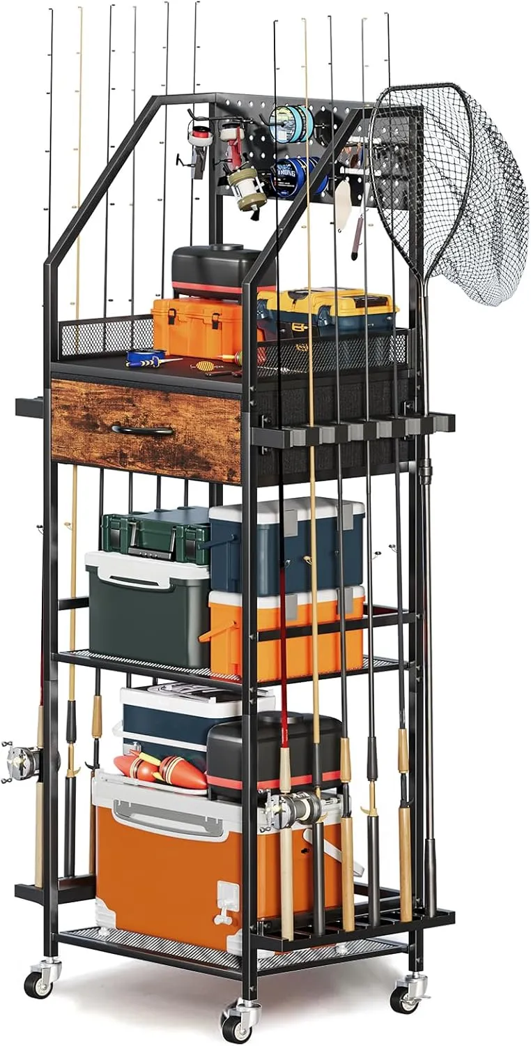 Fishing Rod Holder Organizer with Fabric Drawer & Pegboard, Space-Saving Garage Storage for 12 Rods, Reels, Tackle Boxes, Portable Fishing Gear Cart for Easy Access & Mobility