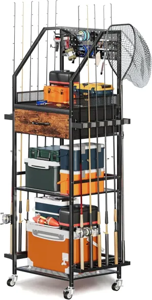 Fishing Rod Holder Organizer with Fabric Drawer & Pegboard, Space-Saving Garage Storage for 12 Rods, Reels, Tackle Boxes, Portable Fishing Gear Cart for Easy Access & Mobility