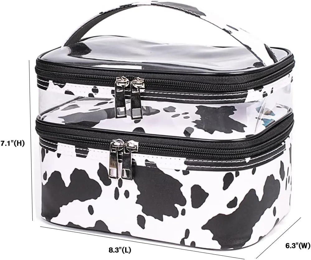 FITINI 3 Pieces Makeup Bags Double Layer Travel Large White Cows Cosmetic Cases Organizer Toiletry Bags Waterproof Small Zipper Pouch for Women Makeup Brush Storage Bag