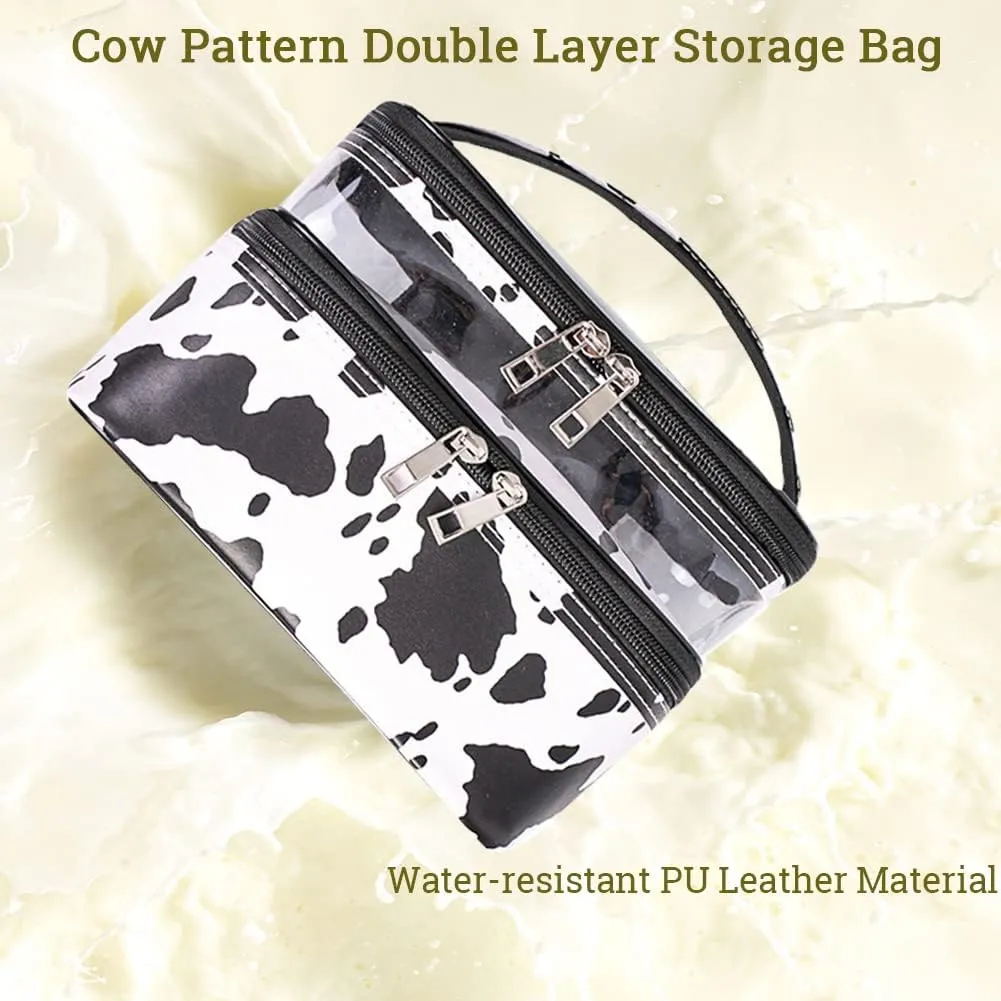 FITINI 3 Pieces Makeup Bags Double Layer Travel Large White Cows Cosmetic Cases Organizer Toiletry Bags Waterproof Small Zipper Pouch for Women Makeup Brush Storage Bag