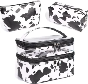 FITINI 3 Pieces Makeup Bags Double Layer Travel Large White Cows Cosmetic Cases Organizer Toiletry Bags Waterproof Small Zipper Pouch for Women Makeup Brush Storage Bag