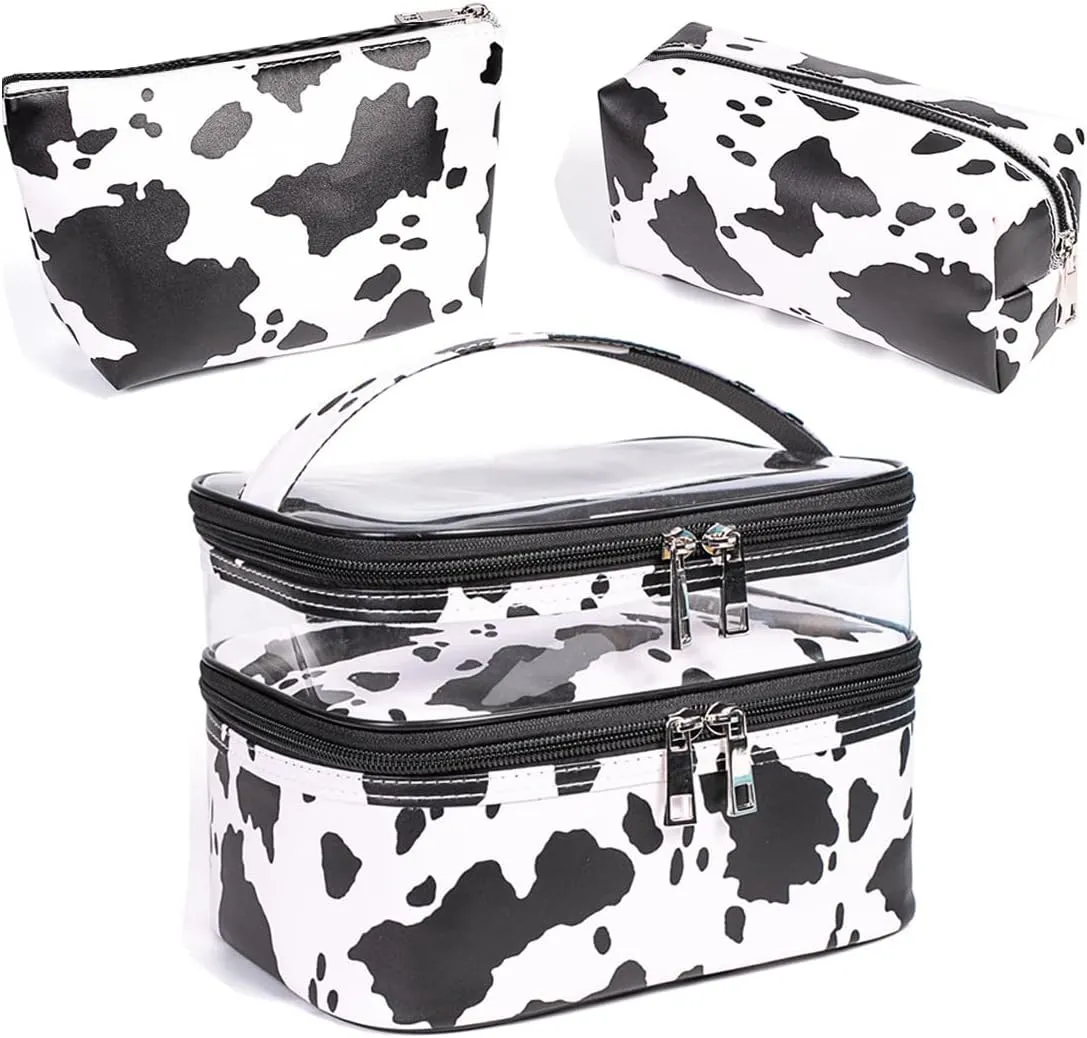 FITINI 3 Pieces Makeup Bags Double Layer Travel Large White Cows Cosmetic Cases Organizer Toiletry Bags Waterproof Small Zipper Pouch for Women Makeup Brush Storage Bag