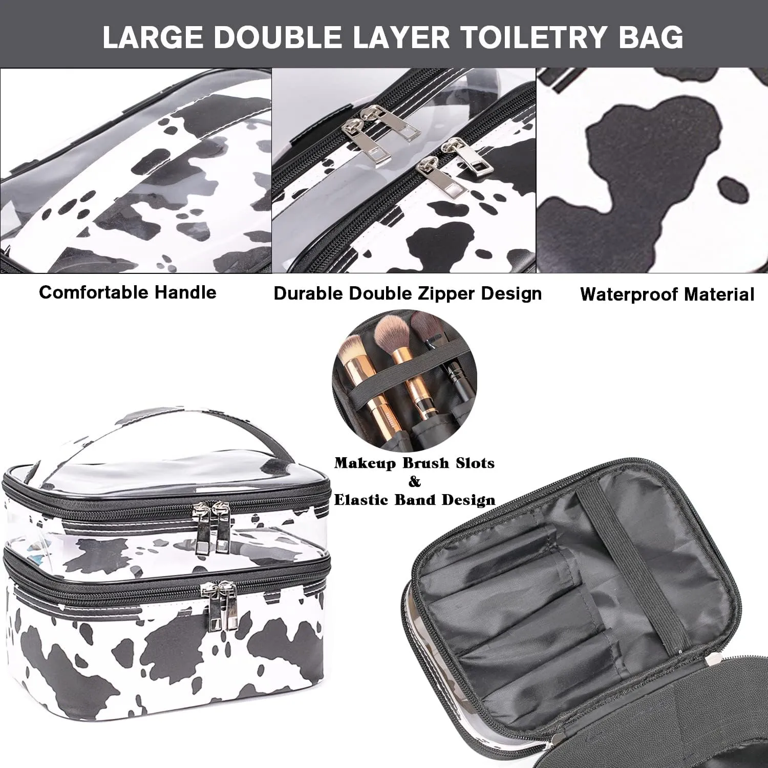 FITINI 3 Pieces Makeup Bags Double Layer Travel Large White Cows Cosmetic Cases Organizer Toiletry Bags Waterproof Small Zipper Pouch for Women Makeup Brush Storage Bag