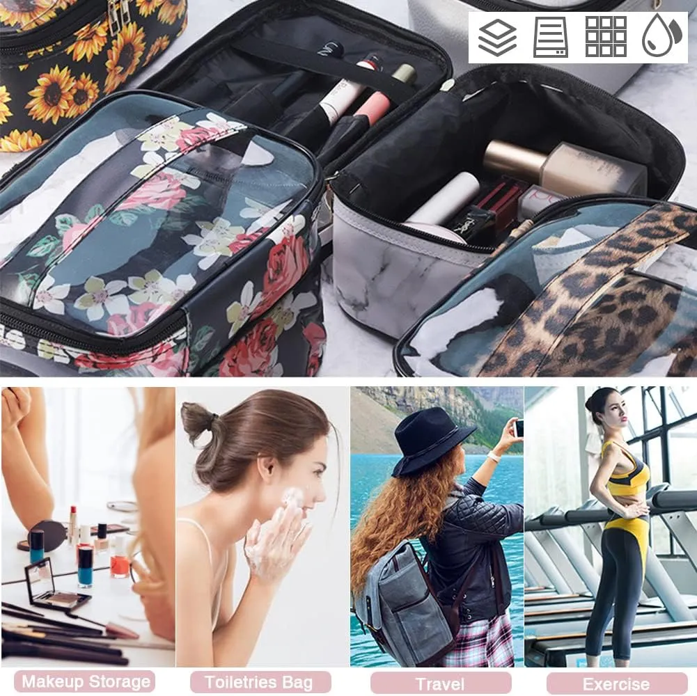 FITINI 3 Pieces Makeup Bags Double Layer Travel Large White Cows Cosmetic Cases Organizer Toiletry Bags Waterproof Small Zipper Pouch for Women Makeup Brush Storage Bag