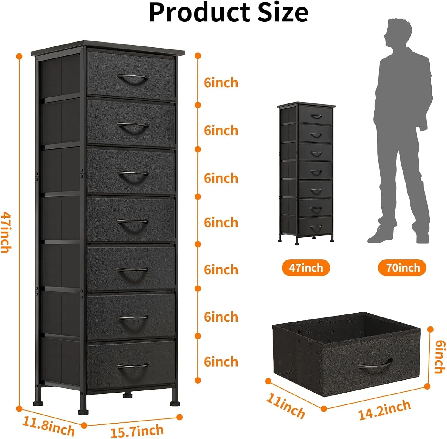Fixwal Black Tall Dresser for Bedroom, Storage Dresser Organizer with 7 Fabric Drawers, Nightstand Furniture in Closet, Entryway, Hallway