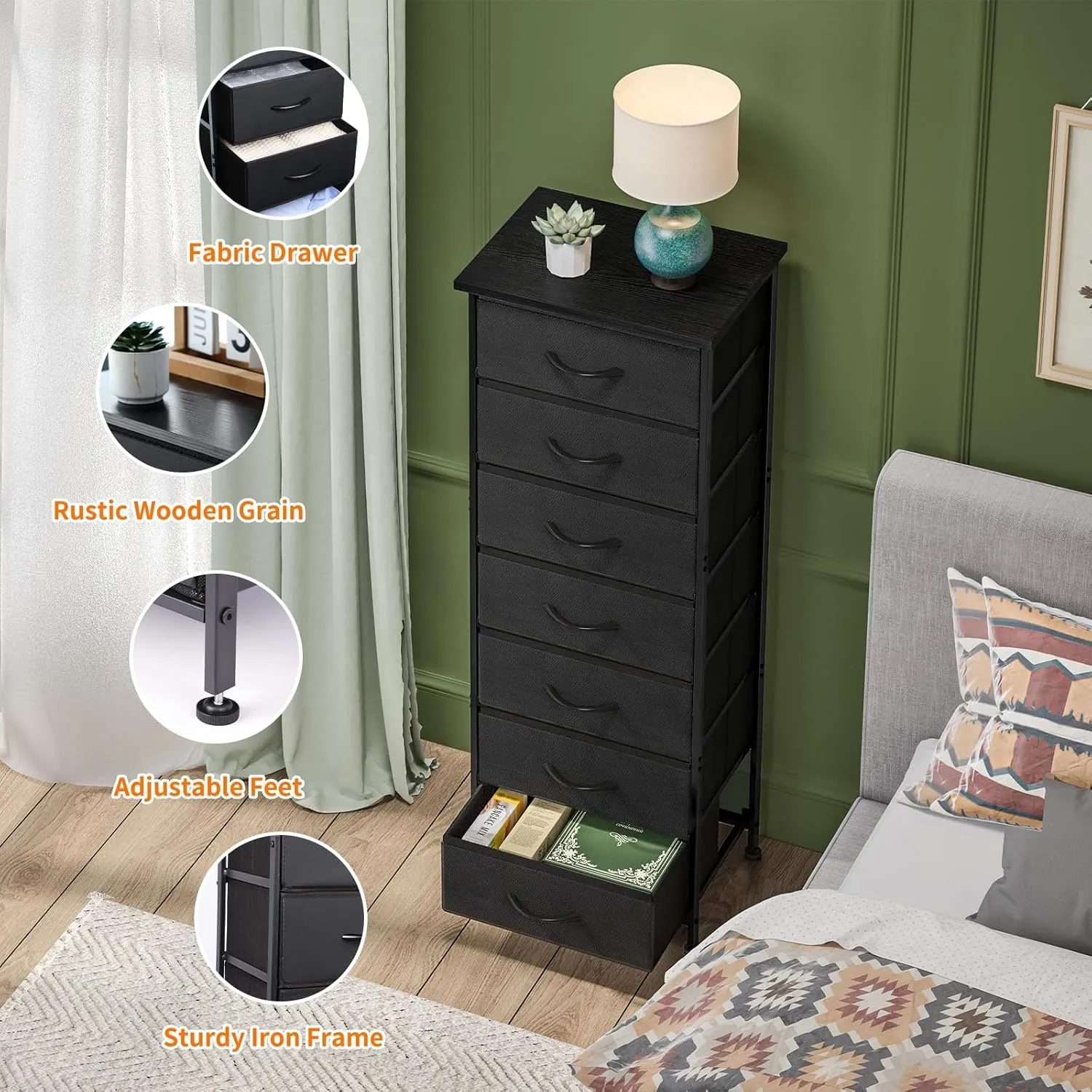 Fixwal Black Tall Dresser for Bedroom, Storage Dresser Organizer with 7 Fabric Drawers, Nightstand Furniture in Closet, Entryway, Hallway