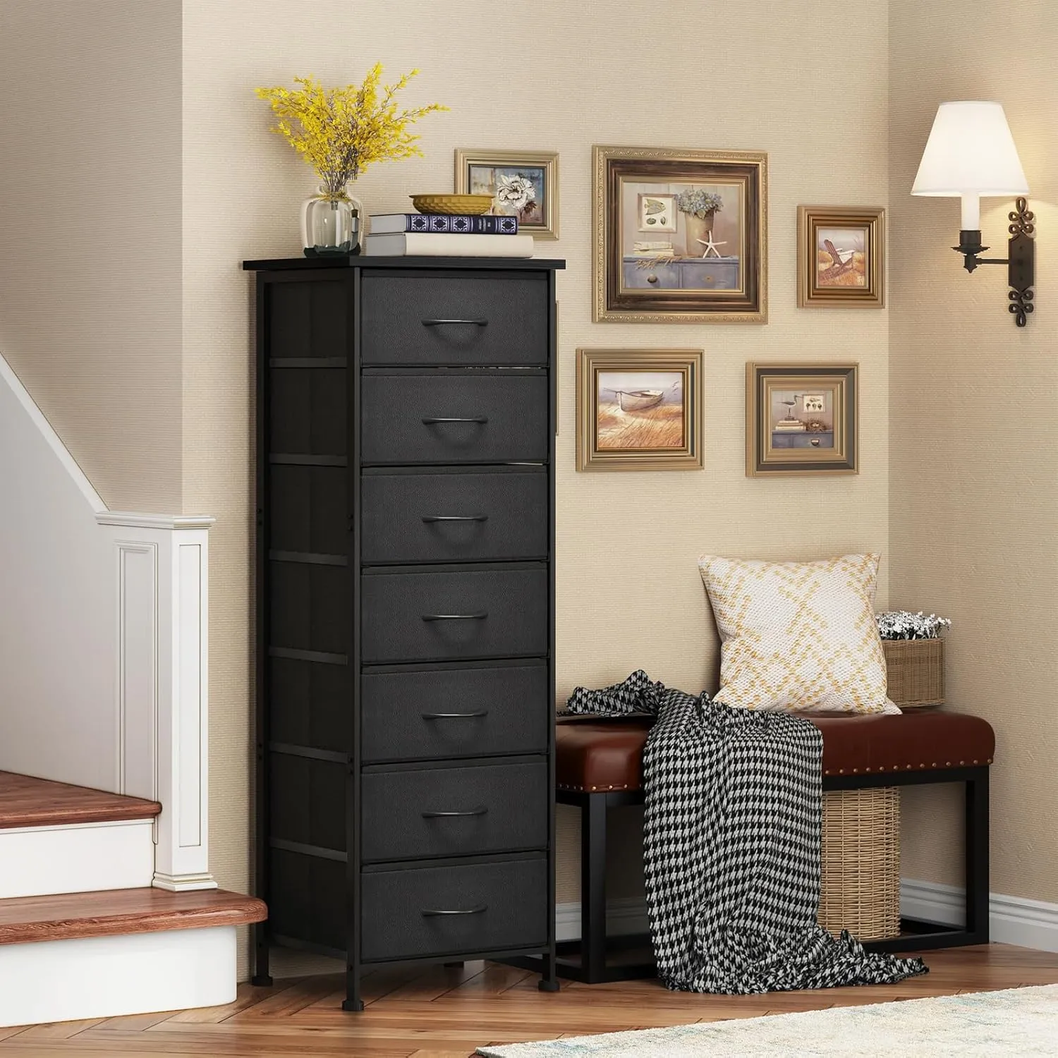 Fixwal Black Tall Dresser for Bedroom, Storage Dresser Organizer with 7 Fabric Drawers, Nightstand Furniture in Closet, Entryway, Hallway
