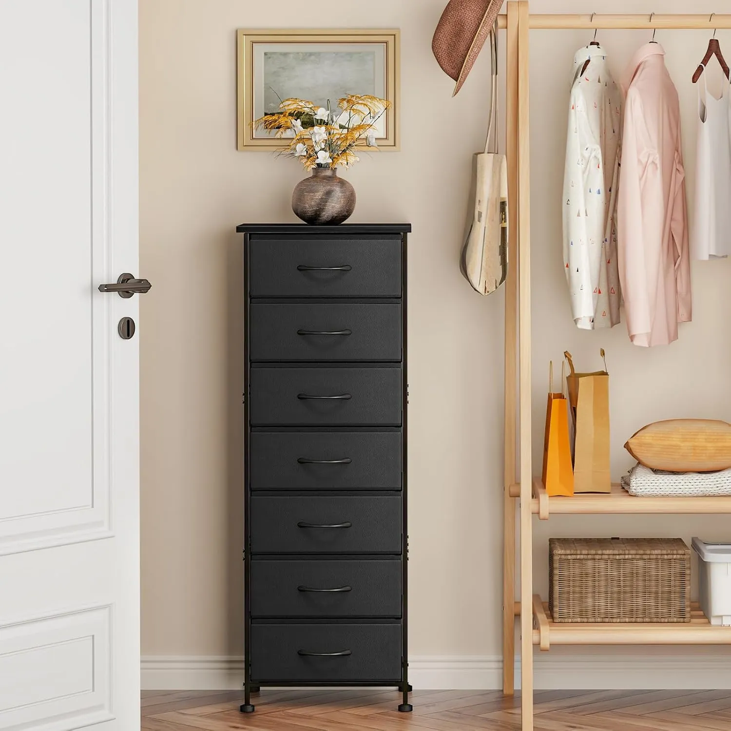 Fixwal Black Tall Dresser for Bedroom, Storage Dresser Organizer with 7 Fabric Drawers, Nightstand Furniture in Closet, Entryway, Hallway