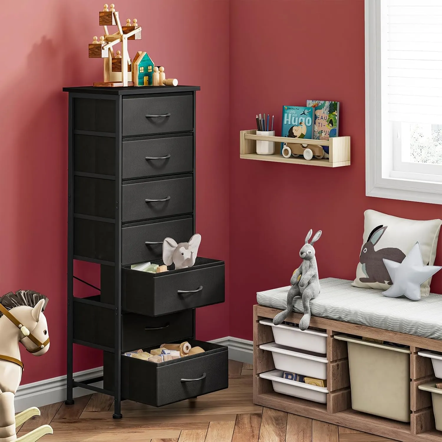Fixwal Black Tall Dresser for Bedroom, Storage Dresser Organizer with 7 Fabric Drawers, Nightstand Furniture in Closet, Entryway, Hallway