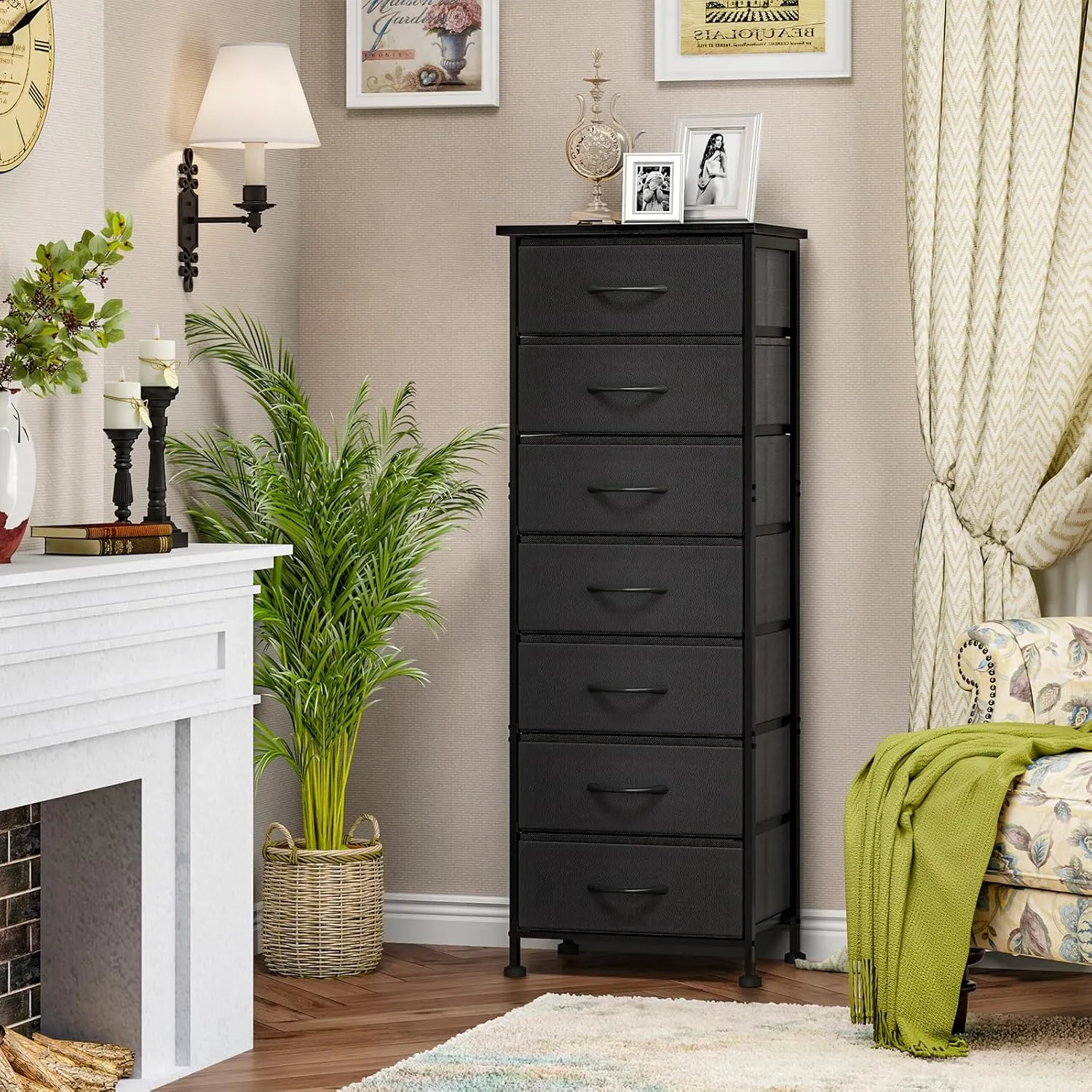 Fixwal Black Tall Dresser for Bedroom, Storage Dresser Organizer with 7 Fabric Drawers, Nightstand Furniture in Closet, Entryway, Hallway