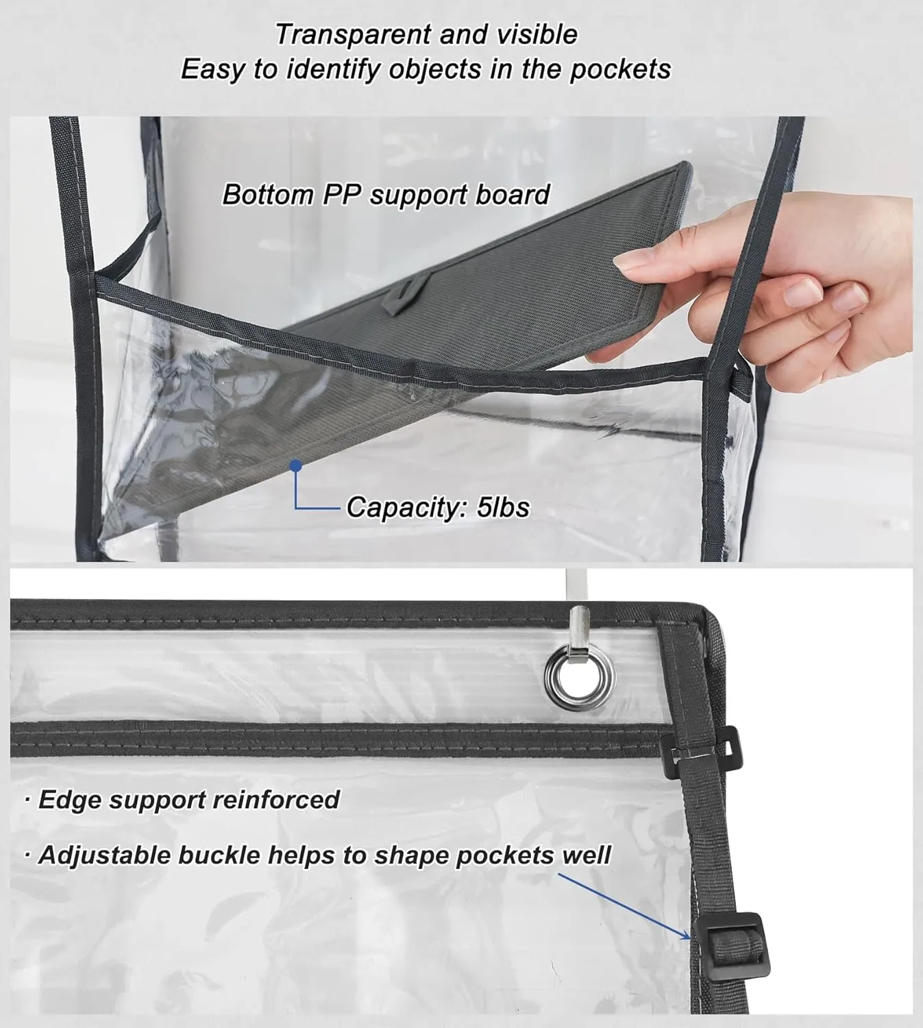 Fixwal Over The Door Hanging Pantry Organizer 5-Shelf Room Organizer with Clear Plastic Pockets Behind The Door Storage Organizer Large Capacity Organizer for Closet Bedroom Bathroom (Grey)