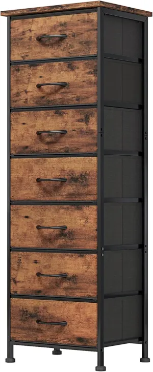 Fixwal Tall Dresser for Bedroom, Storage Dresser Organizer with 7 Fabric Drawers, Nightstand Furniture in Closet, Entryway, Hallway, Rustic Brown Wood Grain Print