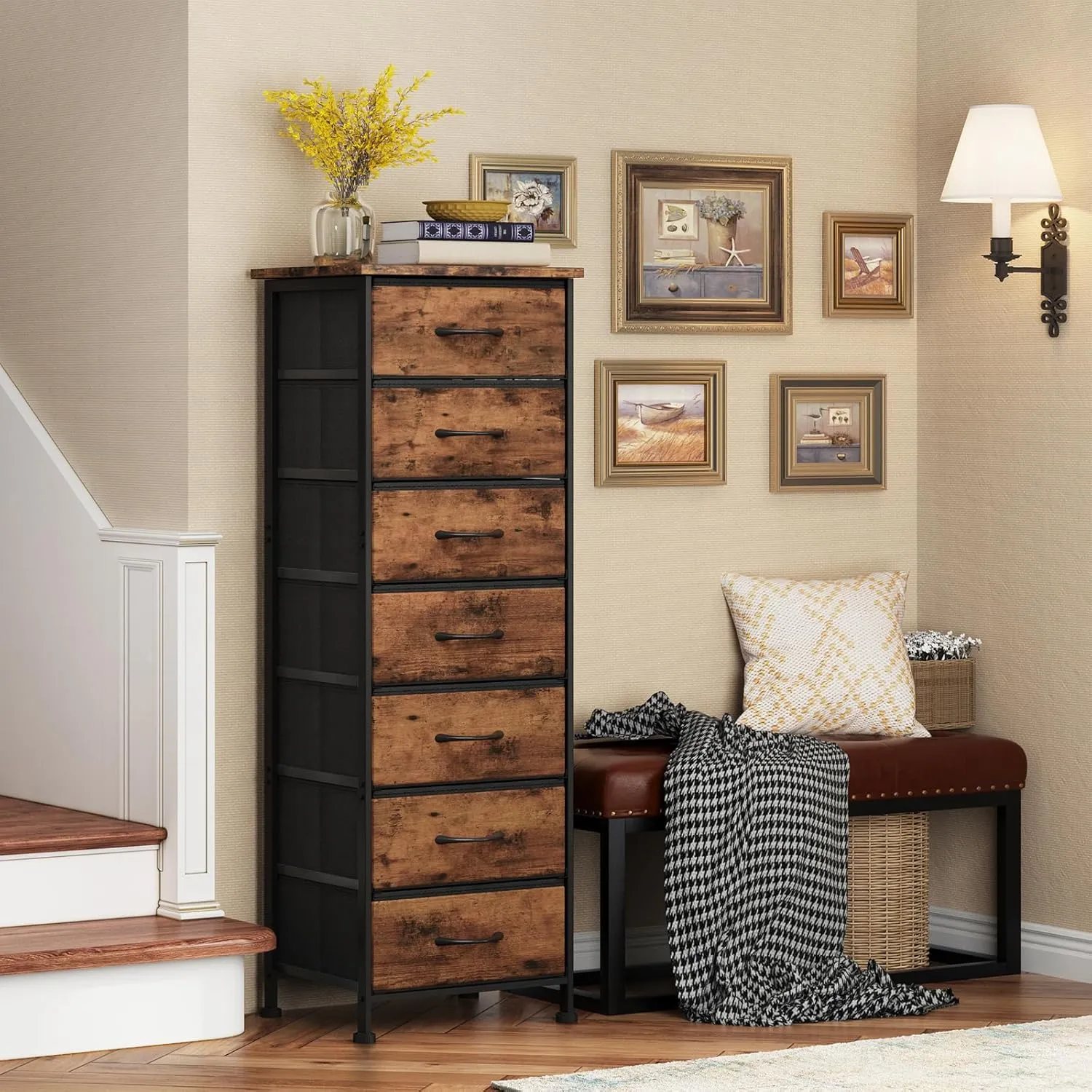 Fixwal Tall Dresser for Bedroom, Storage Dresser Organizer with 7 Fabric Drawers, Nightstand Furniture in Closet, Entryway, Hallway, Rustic Brown Wood Grain Print