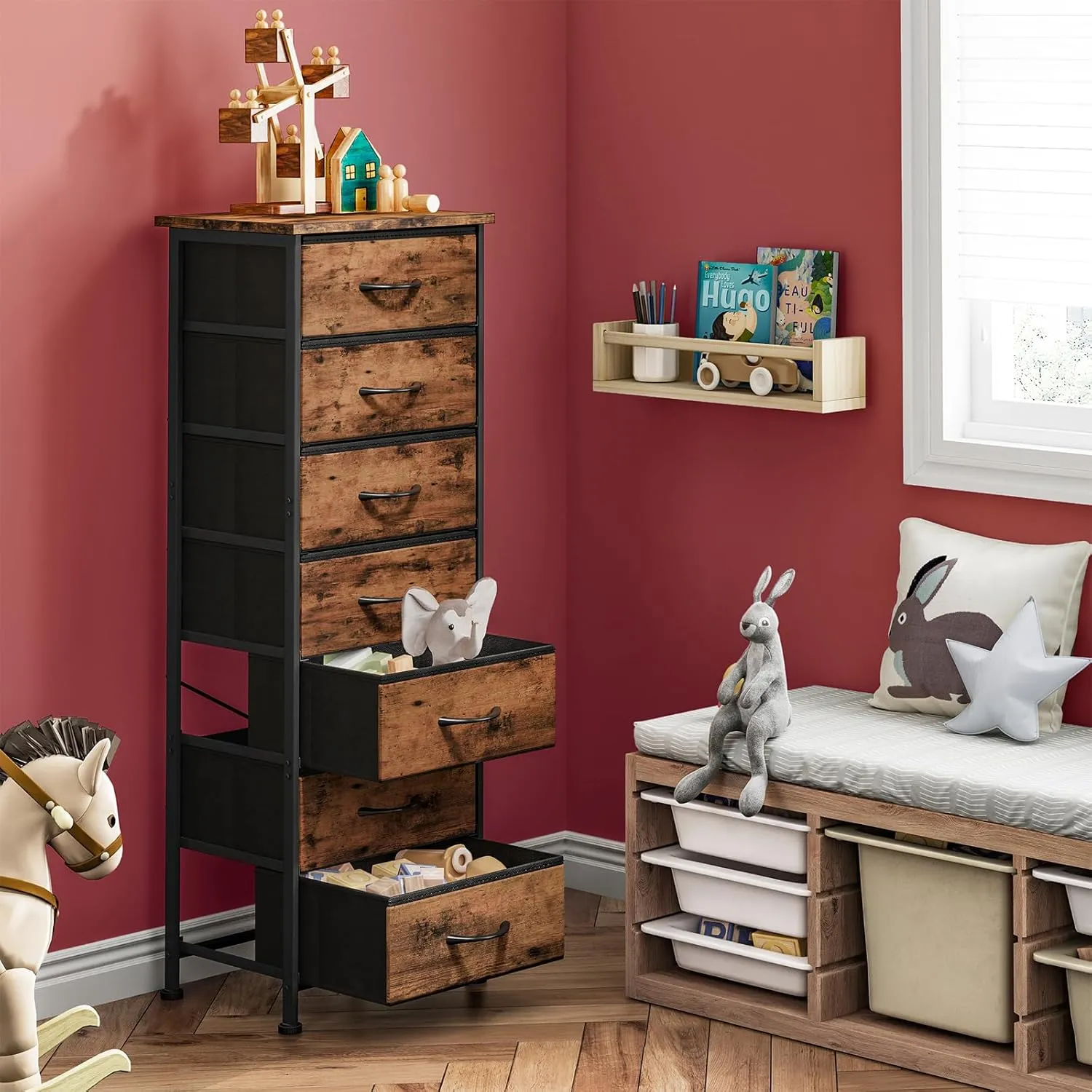 Fixwal Tall Dresser for Bedroom, Storage Dresser Organizer with 7 Fabric Drawers, Nightstand Furniture in Closet, Entryway, Hallway, Rustic Brown Wood Grain Print