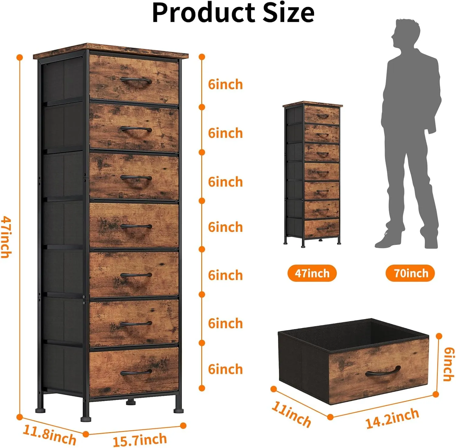 Fixwal Tall Dresser for Bedroom, Storage Dresser Organizer with 7 Fabric Drawers, Nightstand Furniture in Closet, Entryway, Hallway, Rustic Brown Wood Grain Print