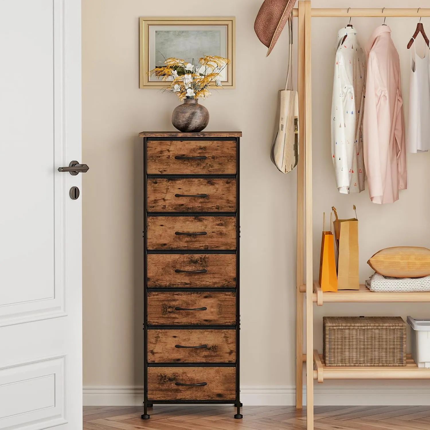 Fixwal Tall Dresser for Bedroom, Storage Dresser Organizer with 7 Fabric Drawers, Nightstand Furniture in Closet, Entryway, Hallway, Rustic Brown Wood Grain Print