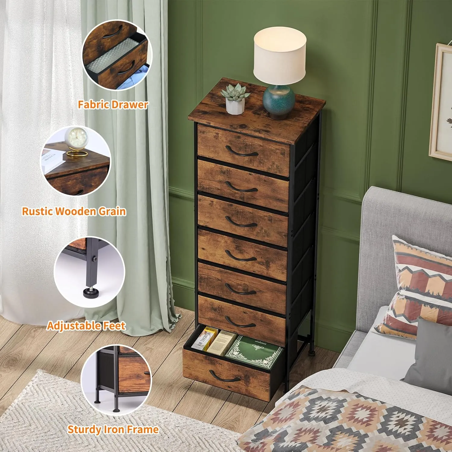 Fixwal Tall Dresser for Bedroom, Storage Dresser Organizer with 7 Fabric Drawers, Nightstand Furniture in Closet, Entryway, Hallway, Rustic Brown Wood Grain Print