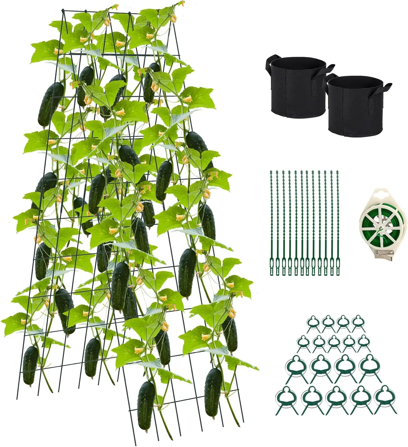 Foldable Cucumber Trellis 64" H x 20" W, A-Frame Cucumber Trellis for Raised Bed, Steel Vegetable Trellis with Twist Ties & Plant Bags for Climbing Plants Outdoor