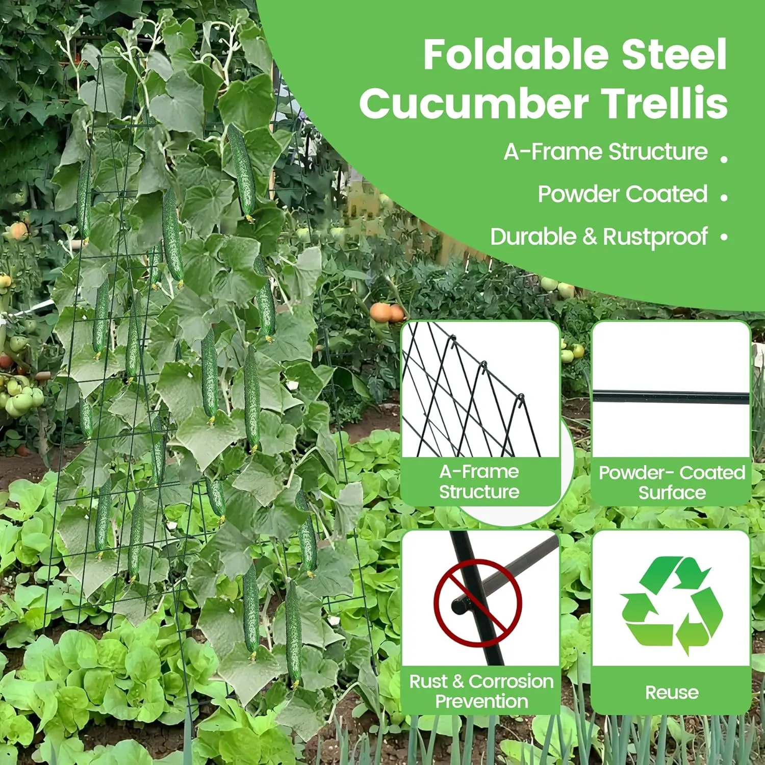Foldable Cucumber Trellis 64" H x 20" W, A-Frame Cucumber Trellis for Raised Bed, Steel Vegetable Trellis with Twist Ties & Plant Bags for Climbing Plants Outdoor
