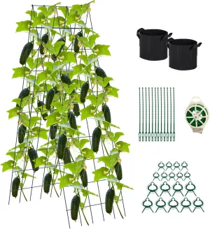 Foldable Cucumber Trellis 64" H x 20" W, A-Frame Cucumber Trellis for Raised Bed, Steel Vegetable Trellis with Twist Ties & Plant Bags for Climbing Plants Outdoor