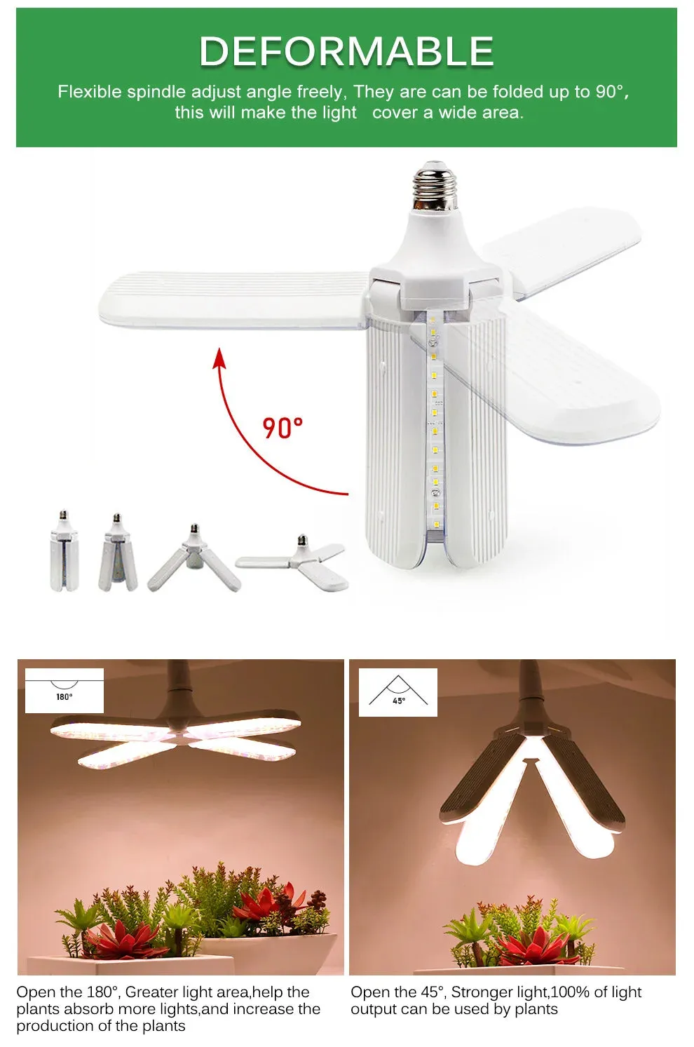 Foldable E27 LED Grow Light Bulb SMD2835 Full Spectrum Phyto Lamp for Indoor Plants, Bloom & Flowering Gardens