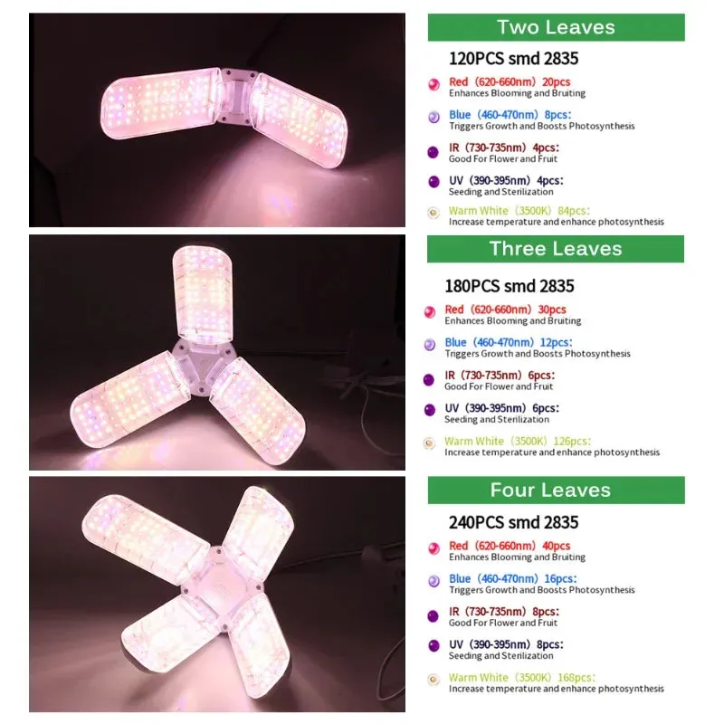 Foldable E27 LED Grow Light Bulb SMD2835 Full Spectrum Phyto Lamp for Indoor Plants, Bloom & Flowering Gardens