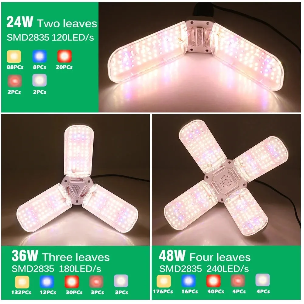 Foldable E27 LED Grow Light Bulb SMD2835 Full Spectrum Phyto Lamp for Indoor Plants, Bloom & Flowering Gardens