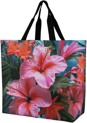 Foldable Grocery Bag Reusable Shopping Bag Pink Flower Tropical Plant Tote Bag Casual Handbags for Work Shopping