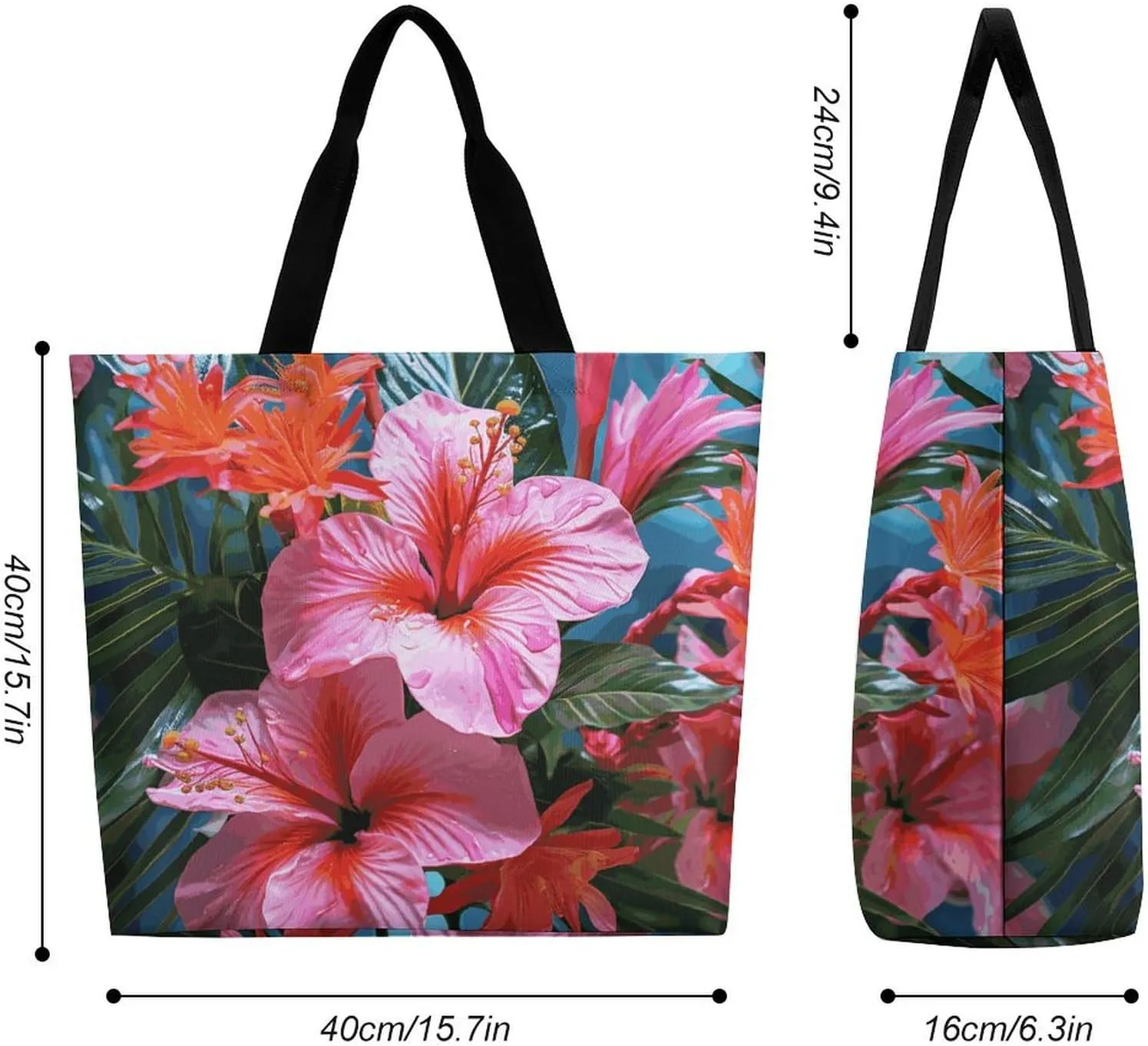 Foldable Grocery Bag Reusable Shopping Bag Pink Flower Tropical Plant Tote Bag Casual Handbags for Work Shopping