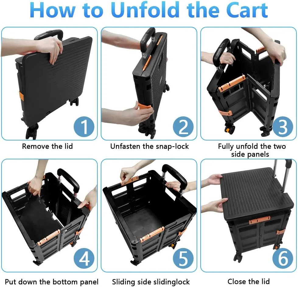 Foldable Utility Cart Portable Rolling Crate Handcart Shopping Trolley Collapsible 4 Rotate Wheels with Durable Heavy Duty Plastic Telescoping Handle for Travel Shopping Moving Storage Office Use