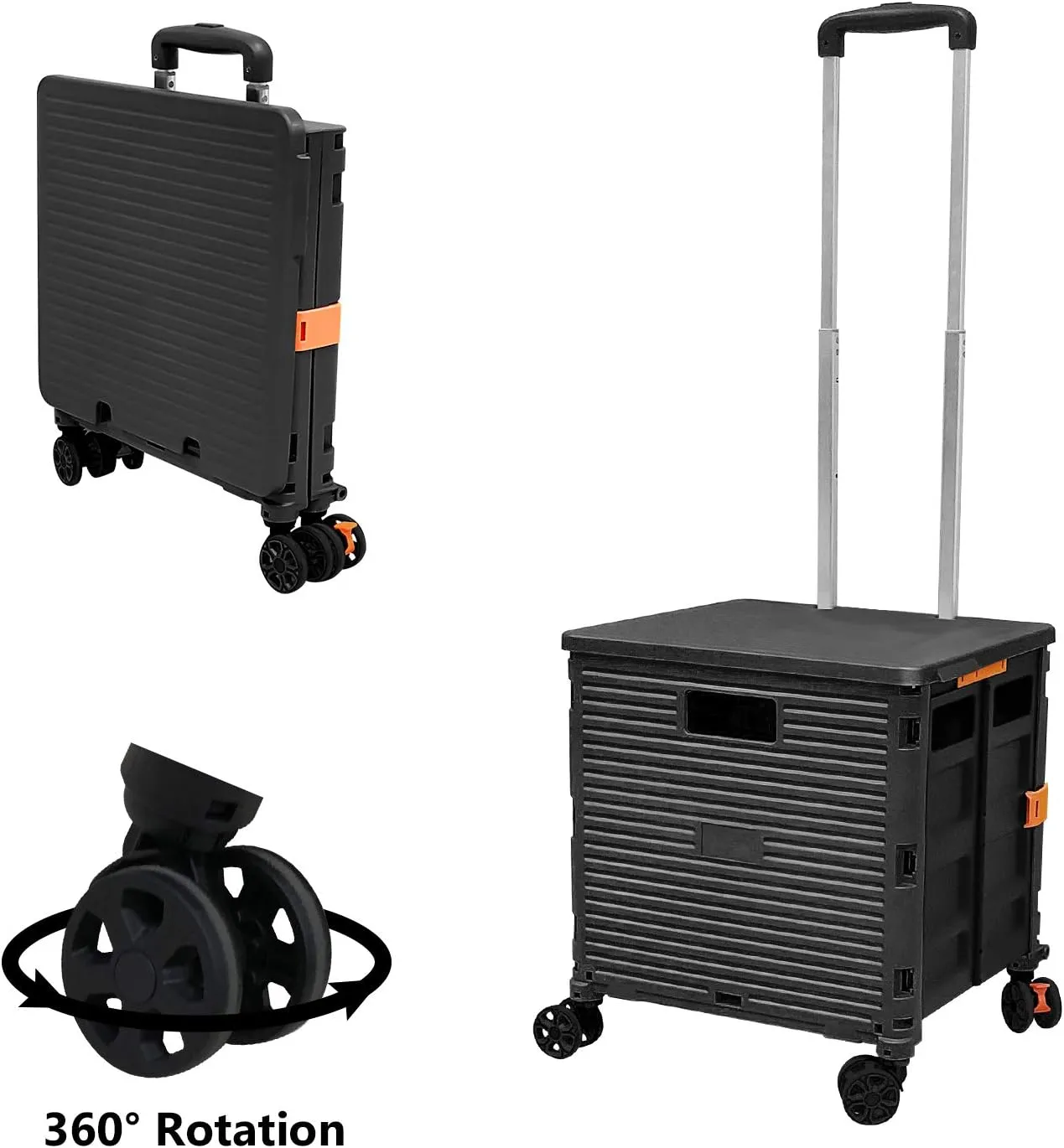 Foldable Utility Cart Portable Rolling Crate Handcart Shopping Trolley Collapsible 4 Rotate Wheels with Durable Heavy Duty Plastic Telescoping Handle for Travel Shopping Moving Storage Office Use
