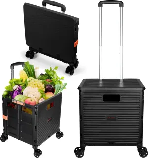 Foldable Utility Cart Portable Rolling Crate Handcart Shopping Trolley Collapsible 4 Rotate Wheels with Durable Heavy Duty Plastic Telescoping Handle for Travel Shopping Moving Storage Office Use