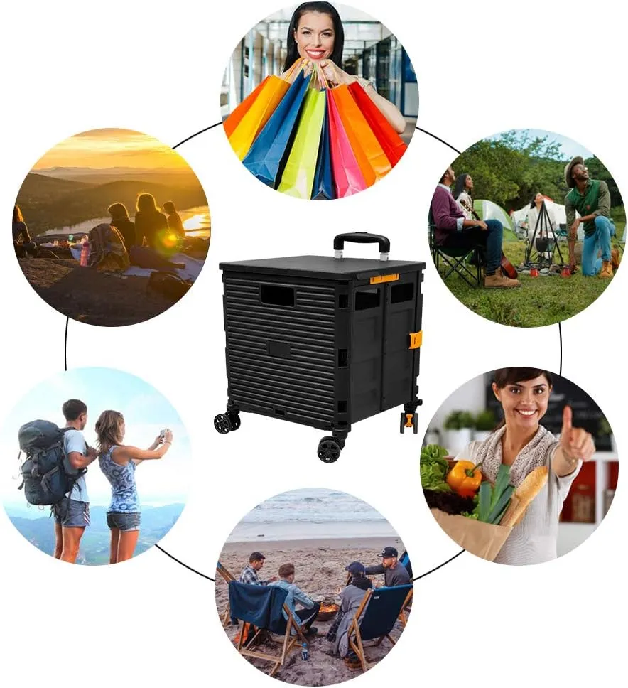 Foldable Utility Cart Portable Rolling Crate Handcart Shopping Trolley Collapsible 4 Rotate Wheels with Durable Heavy Duty Plastic Telescoping Handle for Travel Shopping Moving Storage Office Use