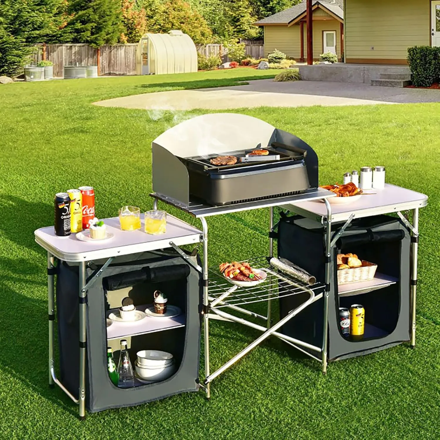 Folding Camping Table with Storage Organizer - Portable Outdoor Picnic Grill Table with Side Tables, 55 lbs Capacity, Steel Frame, Oxford Fabric, Carry Bag Included