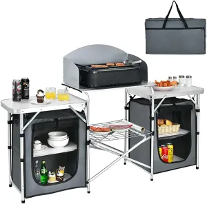 Folding Camping Table with Storage Organizer - Portable Outdoor Picnic Grill Table with Side Tables, 55 lbs Capacity, Steel Frame, Oxford Fabric, Carry Bag Included