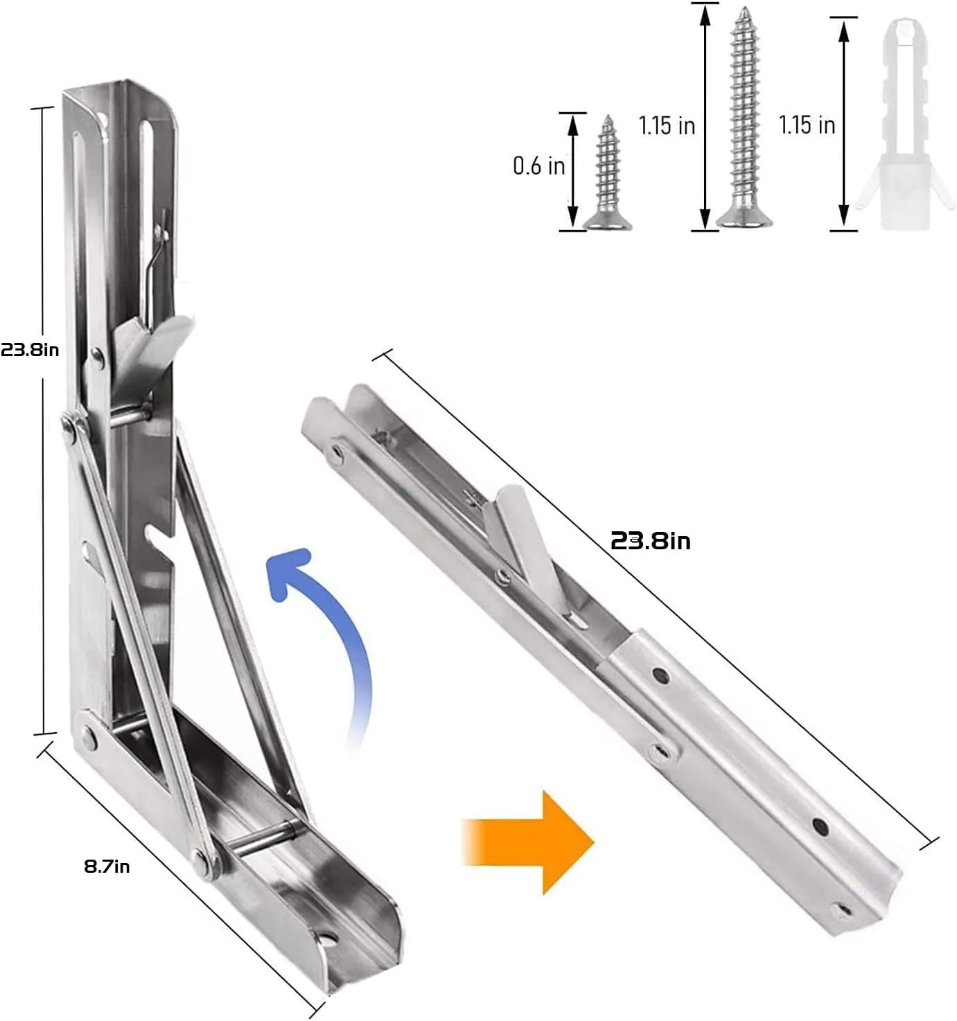 Folding Shelf Brackets Stainless Steel 24 inch 2 Pcs Max Load: 350 lb - DIY Wall Mounted Shelf Bracket for Garage Workstation, Stuff Supports, Plant Stand, Heavy Duty Collapsible Shelf Bracket