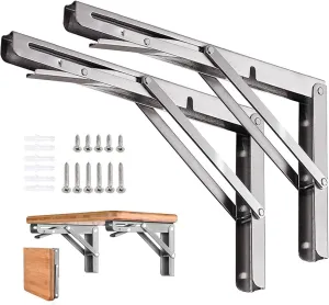 Folding Shelf Brackets Stainless Steel 24 inch 2 Pcs Max Load: 350 lb - DIY Wall Mounted Shelf Bracket for Garage Workstation, Stuff Supports, Plant Stand, Heavy Duty Collapsible Shelf Bracket