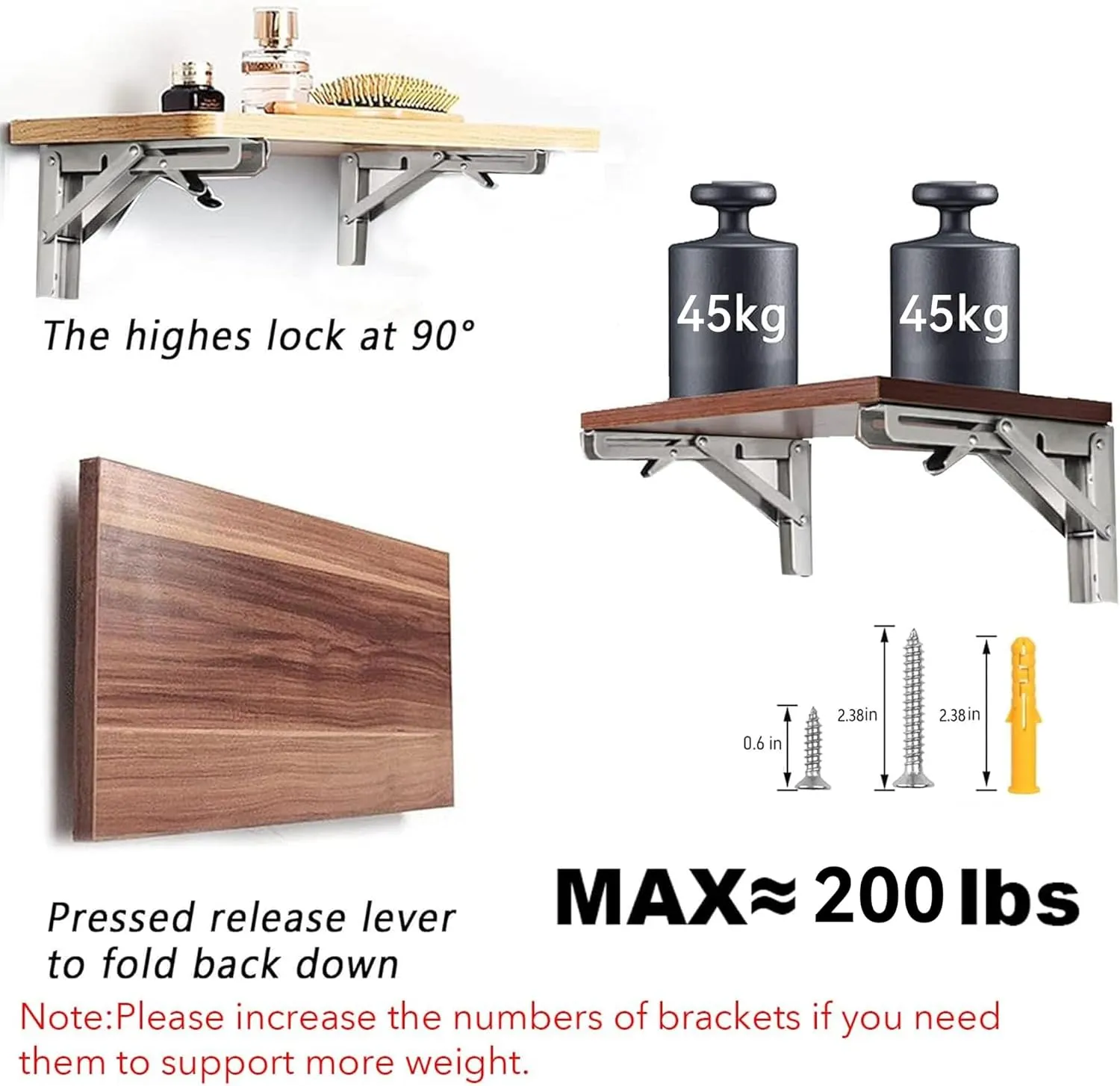 Folding Shelf Brackets Stainless Steel 24 inch 2 Pcs Max Load: 350 lb - DIY Wall Mounted Shelf Bracket for Garage Workstation, Stuff Supports, Plant Stand, Heavy Duty Collapsible Shelf Bracket