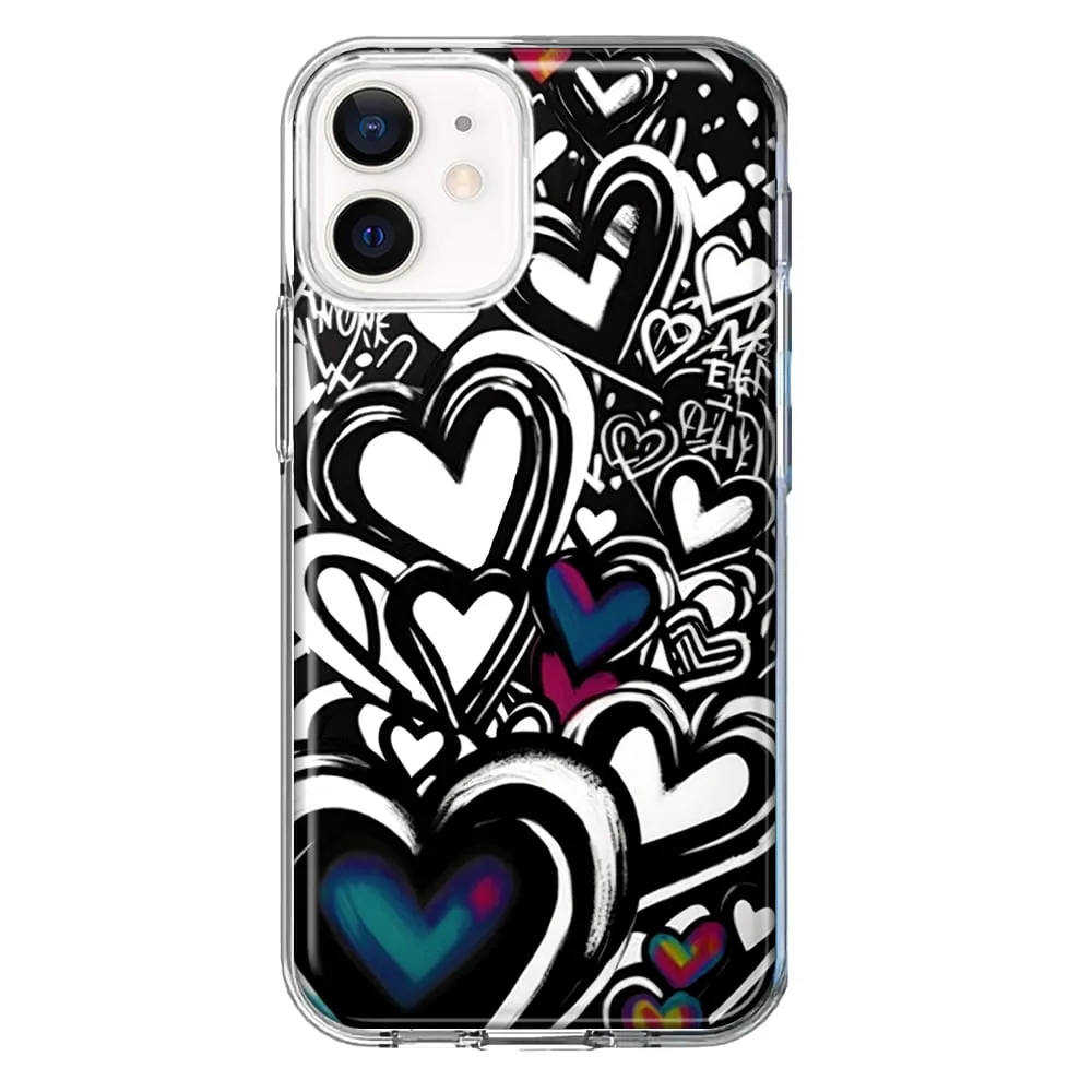For Apple iPhone 11 Black White Hearts Love Graffiti Design Hybrid Protective Phone Case Cover