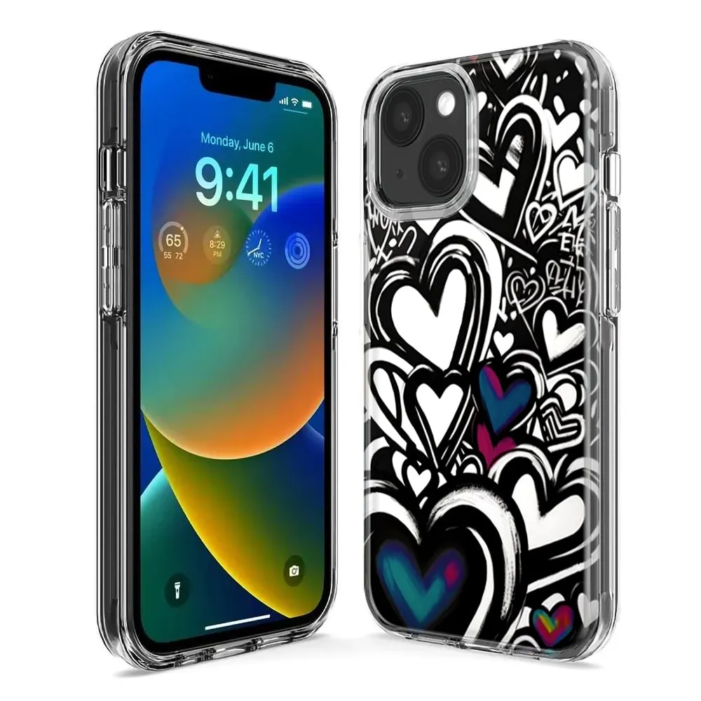 For Apple iPhone 11 Pro Black White Hearts Love Graffiti Design Hybrid Protective Phone Case Cover