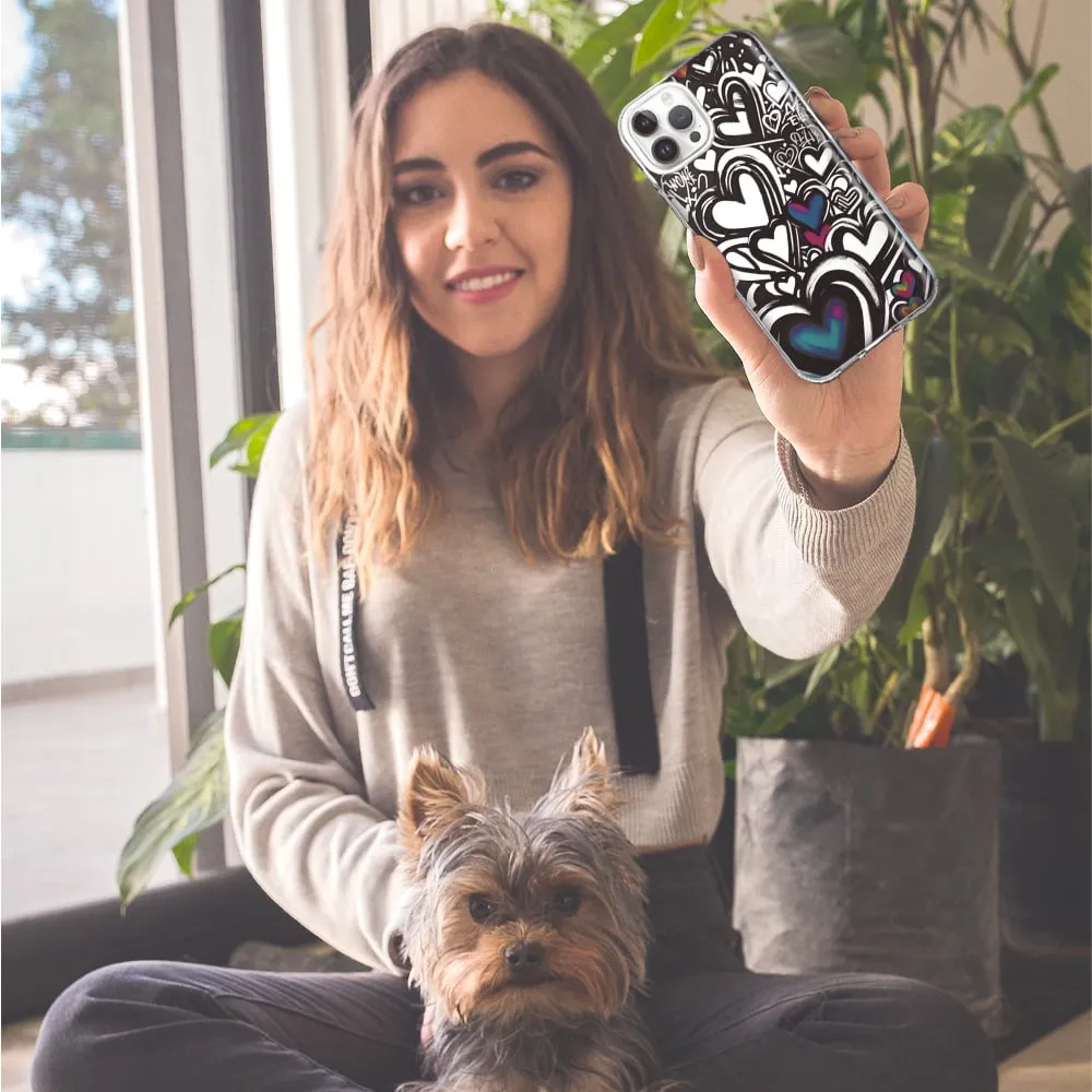 For Apple iPhone 11 Pro Black White Hearts Love Graffiti Design Hybrid Protective Phone Case Cover