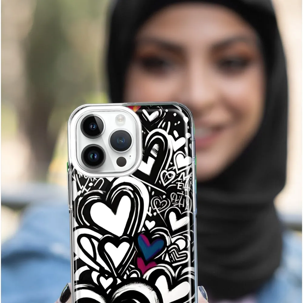 For Apple iPhone 11 Pro Black White Hearts Love Graffiti Design Hybrid Protective Phone Case Cover