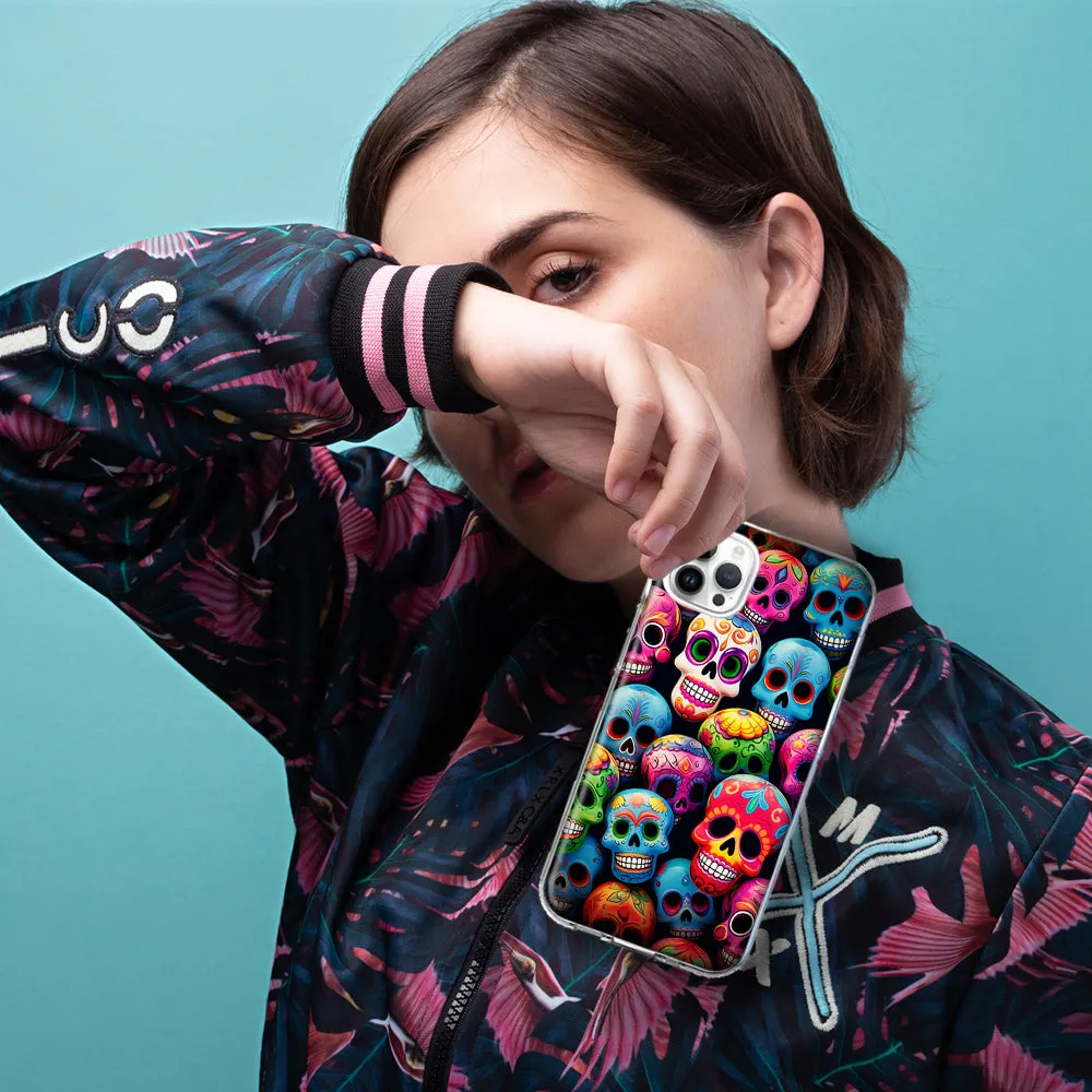 For Apple iPhone 12 Pro Max Halloween Spooky Colorful Day of the Dead Skulls Design Hybrid Protective Phone Case Cover