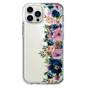 For Apple iPhone 12 Pro Max Navy Blue Summer Watercolor Floral Classic Purple Flowers Design Hybrid Protective Phone Case Cover