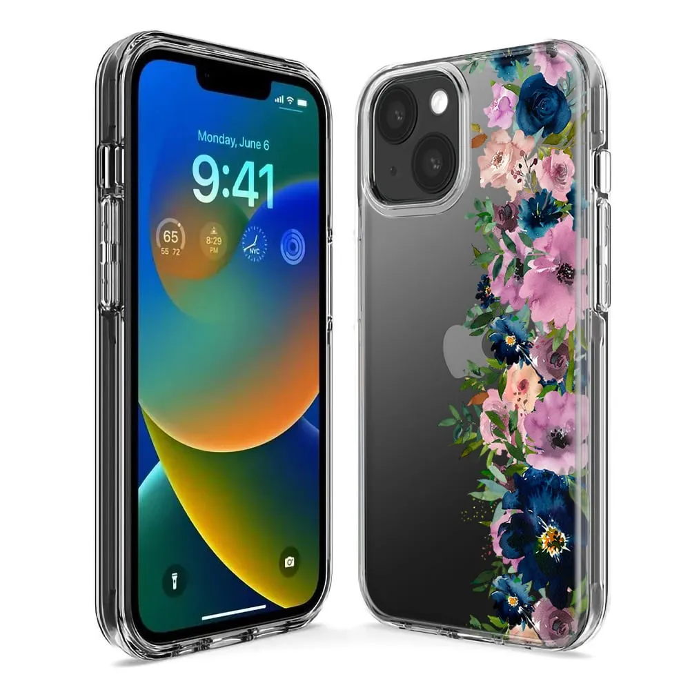 For Apple iPhone 12 Pro Max Navy Blue Summer Watercolor Floral Classic Purple Flowers Design Hybrid Protective Phone Case Cover