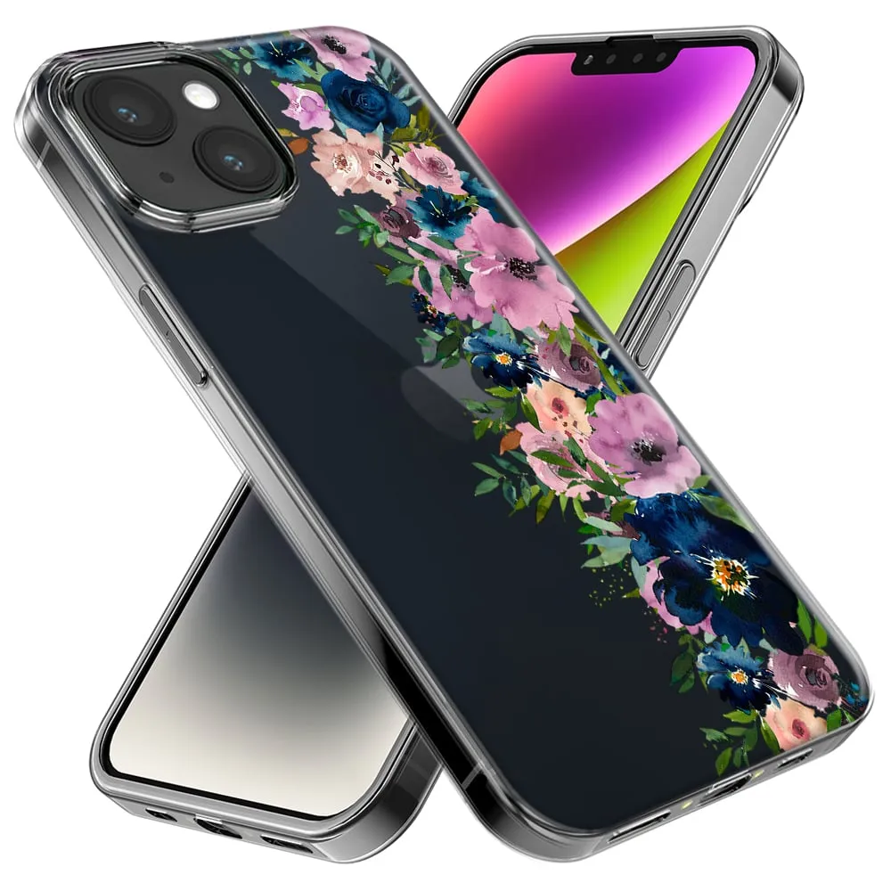 For Apple iPhone 12 Pro Max Navy Blue Summer Watercolor Floral Classic Purple Flowers Design Hybrid Protective Phone Case Cover