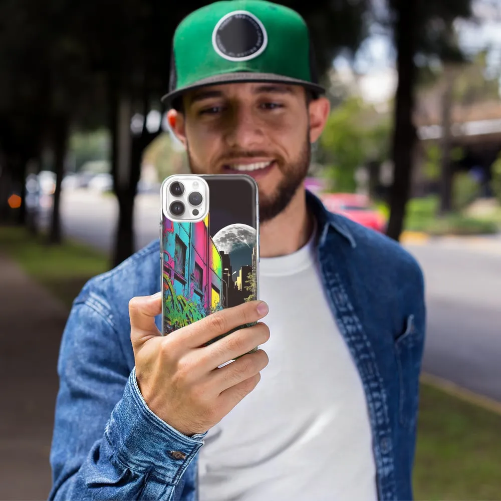 For Apple iPhone 13 Mini Urban City Full Moon Graffiti Painting Art Design Hybrid Protective Phone Case Cover